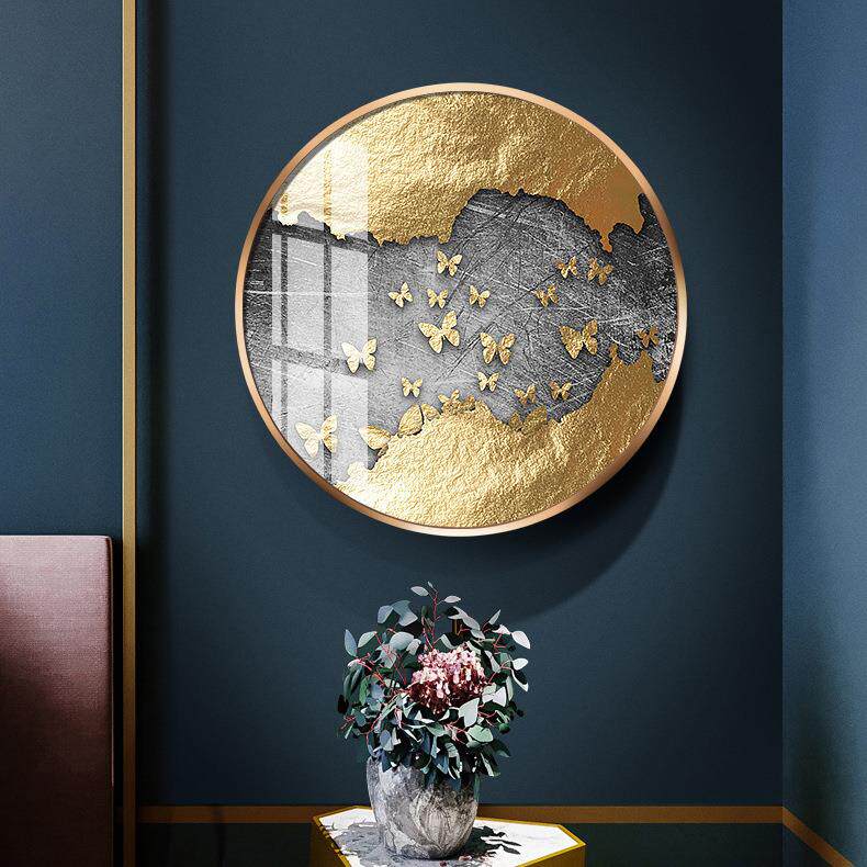 金箔山水圆形装饰画北欧轻奢过道玄关桌壁画圆框国画挂画