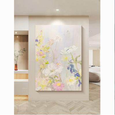 奶油风花卉客厅装饰画抽象肌理手绘油画入户玄关立体丙烯竖版挂画