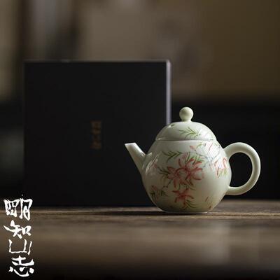 明知山志 果青釉手绘凌霄花陶瓷茶壶 家用茶具泡茶手执壶 文人壶