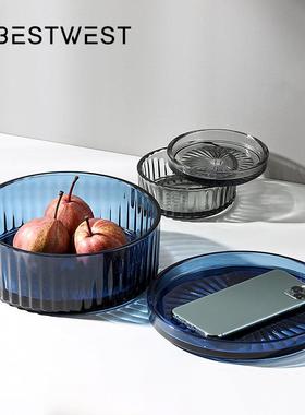 博西家居 简约现代两体带盖玻璃水果盘厨房收纳盒摆件茶几干果盘