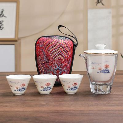 车载旅行茶具小套装一壶三杯便携收纳快客杯玻璃茶杯简约商务礼品