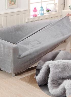 6B76加厚毛绒弹力通用皮沙发套罩全包一体式扶手灰色垫老式皮盖布