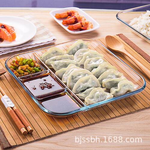 菲内克斯透明耐热玻璃饺子盘家用带醋碟水饺盘分格餐盘分隔早餐盘