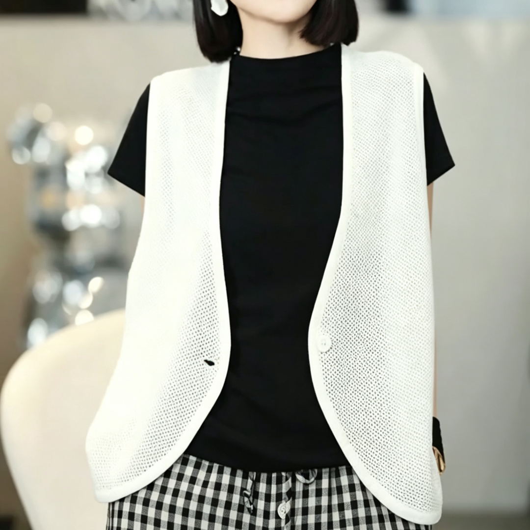 夏季简约V领镂空针织马甲女显瘦