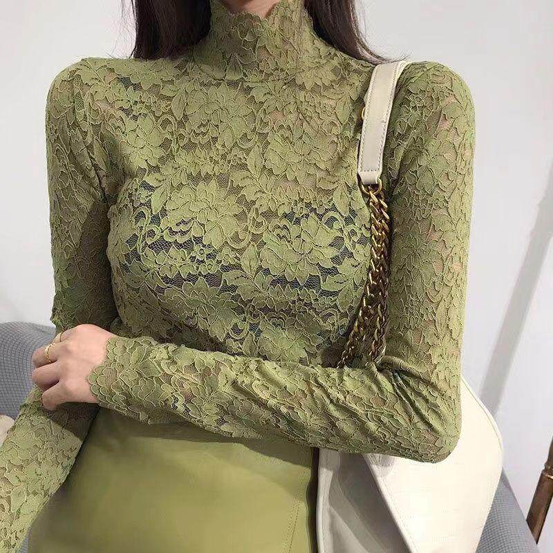 秋冬新款高领蕾丝显瘦打底衫