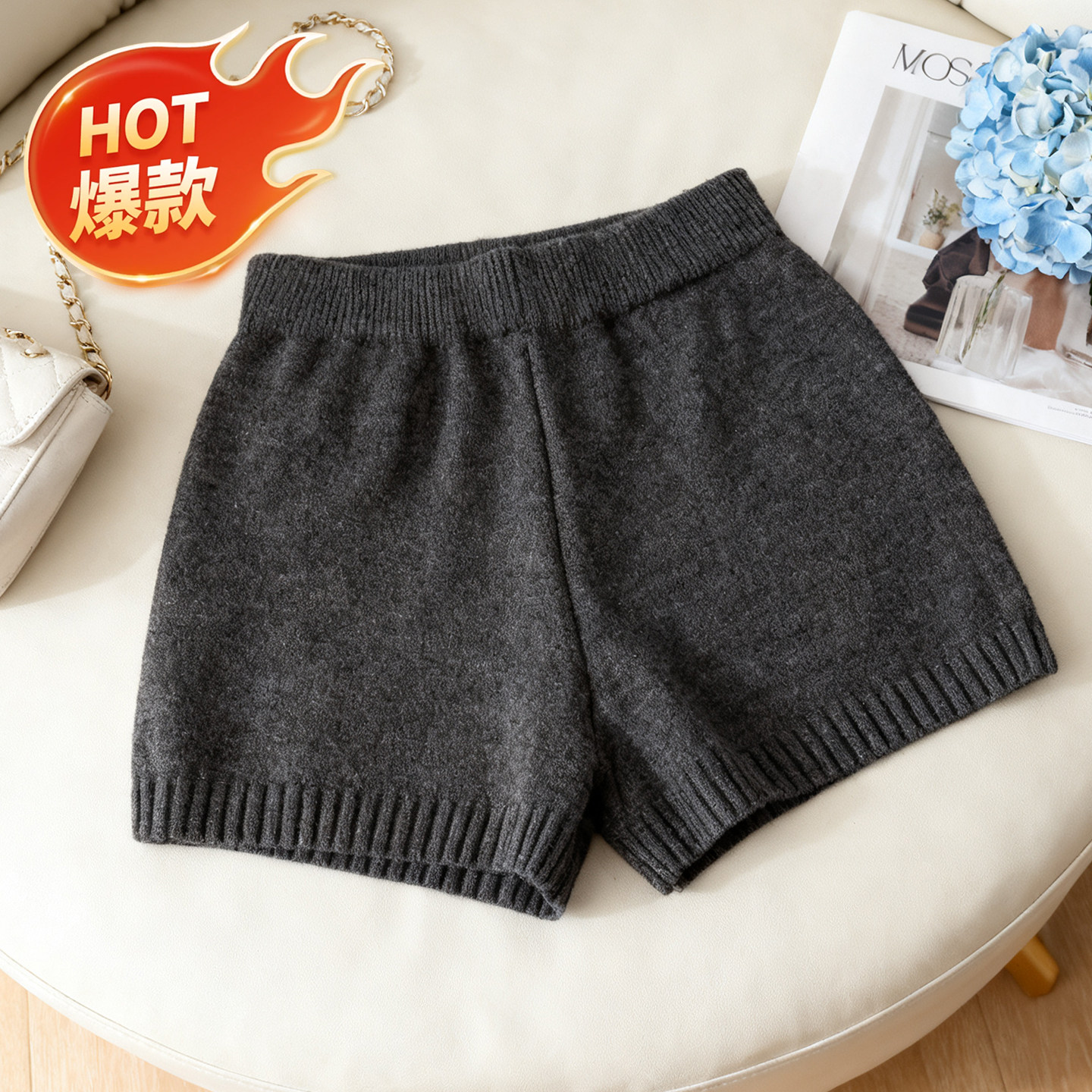 日韩时髦复古高腰针织短裤辣妹打底短裤显瘦修身百搭小个子休闲裤