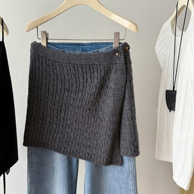 韩系秋冬新款针织纽扣毛线屁帘氛围感百搭叠穿保暖毛线纽扣半身裙