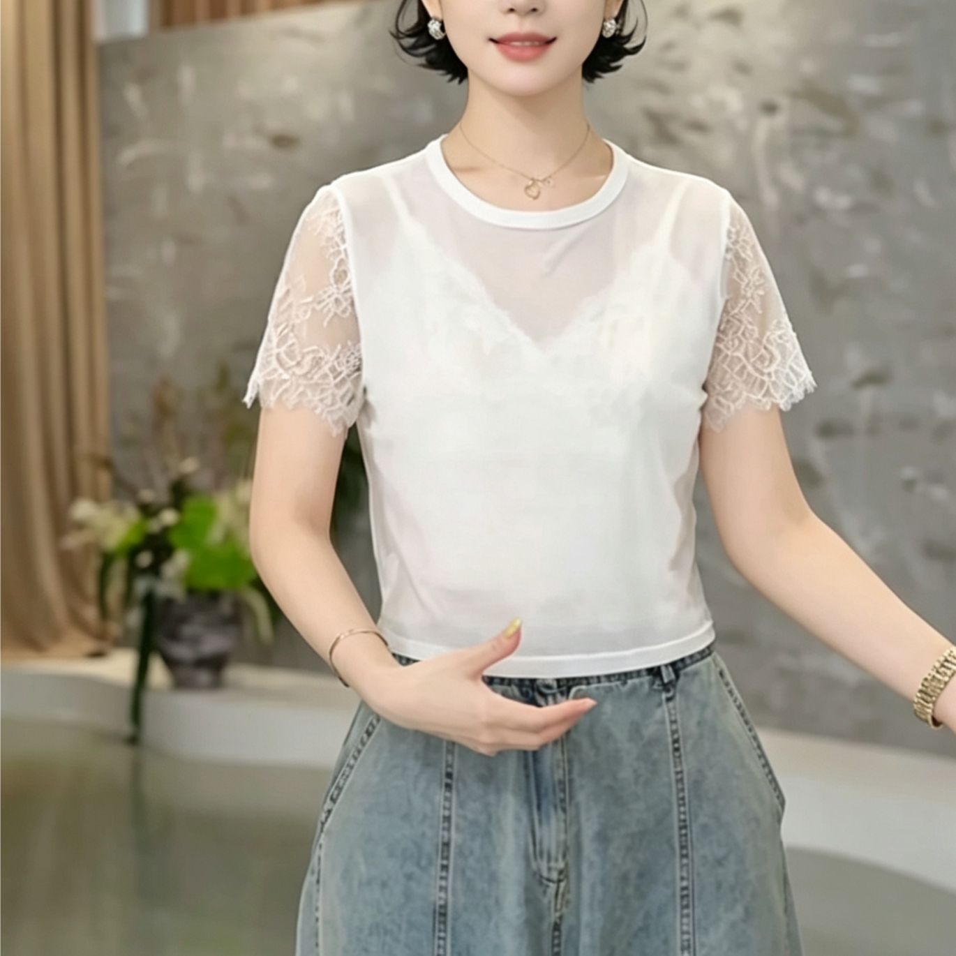 【厂家福利】夏季短袖新中式短款蕾丝拼接女显瘦百搭打底背心上衣