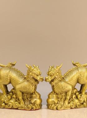 杨铜记 聚宝盆麒麟摆件瑞兽玄关开业礼品黄铜麒麟