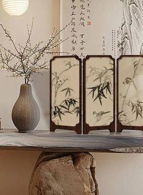 中古风墨竹小屏风桌面摆件新中式办公室茶桌玄关柜装饰品覆古摆画