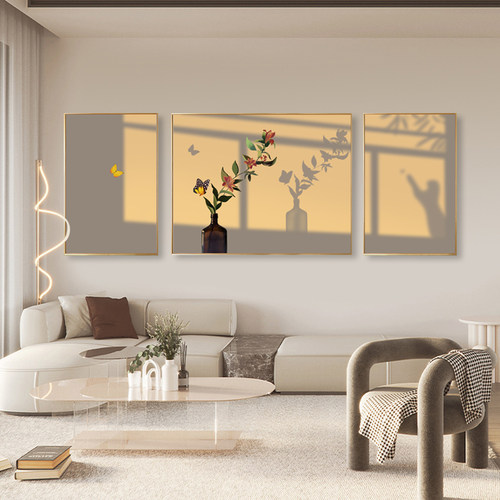 现代静物光影三联挂画沙发背景墙客厅装饰画温馨治愈系高级感壁画