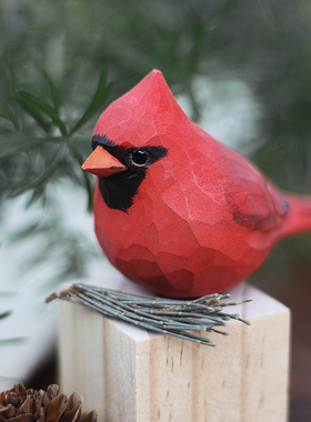 包邮 鹿妖 北美主红雀纯手工动物木雕摆件  肥啾鸟