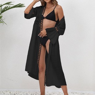 女 比基尼泳衣罩衫 2023海边度假沙滩外搭七分袖 蕾丝拼接防晒开衫