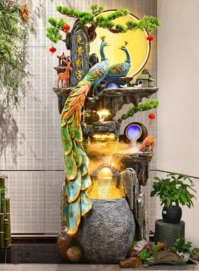 孔雀落地假山流水喷泉摆件客厅加湿器生财装饰风水轮高山循环水景