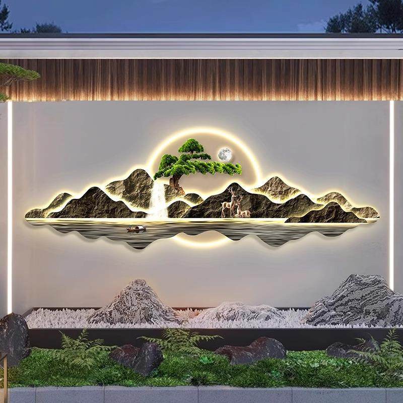 太阳能户外庭院灯新中式景观壁灯室外别墅背景墙影壁墙山水装饰灯