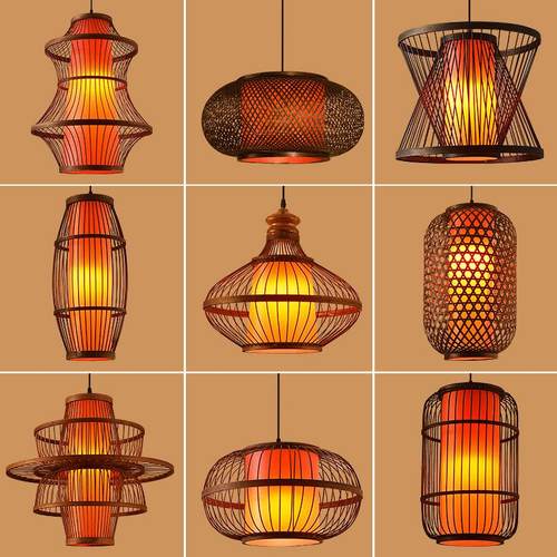 中式现代咖啡色餐厅竹编吊灯禅意茶室民宿竹灯饭店火锅店竹艺灯饰