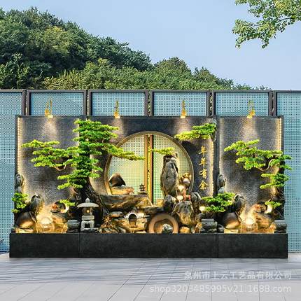 大型水幕墙流水屏风酒店会所玄关隔断办公室假山庭院花园装饰造景