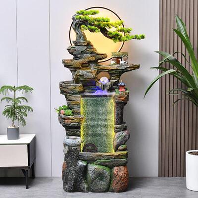 新中式落地假山流水喷泉摆件风水轮招财客厅电视柜办公室景观装饰