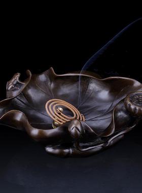 纯黄铜荷叶香炉摆件家居办公室书房客厅铜烟灰缸收纳工艺礼品摆件