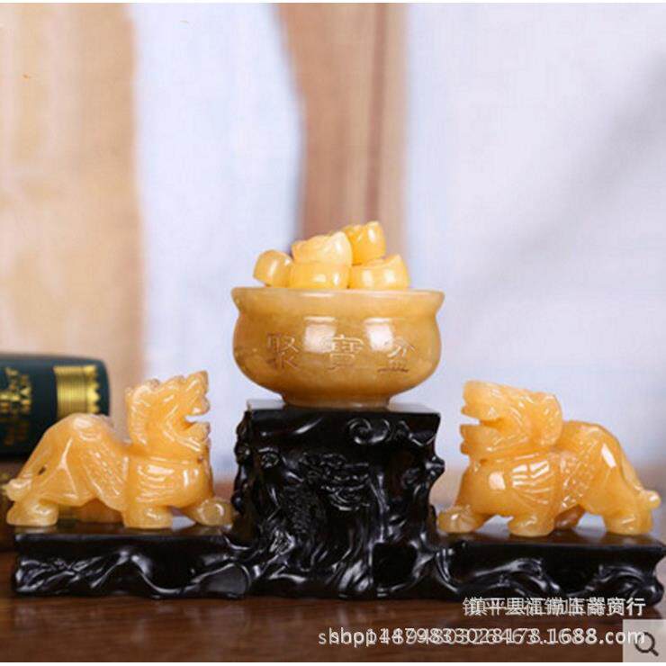 貔貅摆件 米黄玉聚宝盆貔貅一对皮丘家居装饰摆设