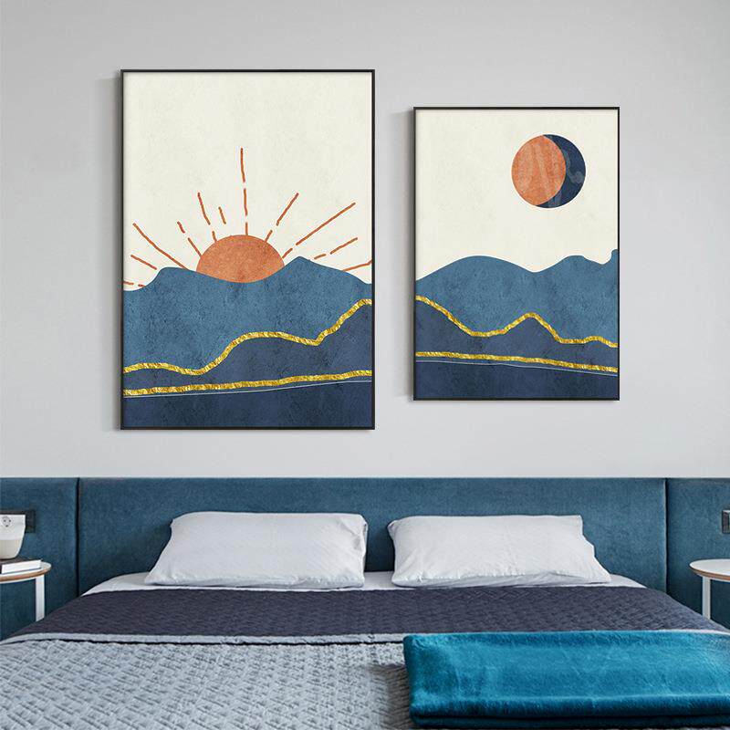日月同辉 现代抽象挂画客厅简约几何线条大幅装饰画玄关落地摆画