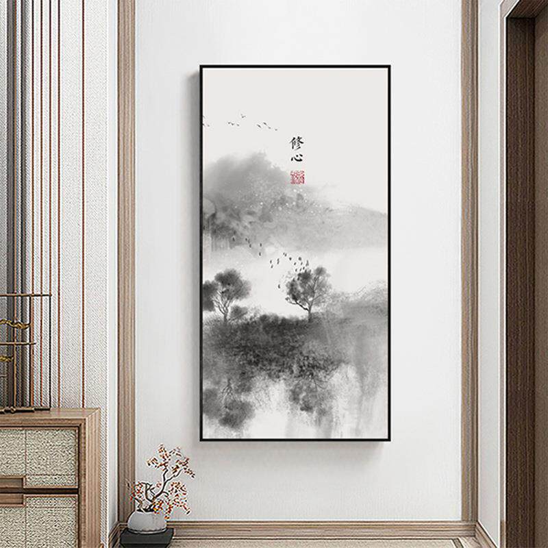 新中式入户玄关竖版装饰画禅意走廊挂画书房山水壁画黑白水墨墙画