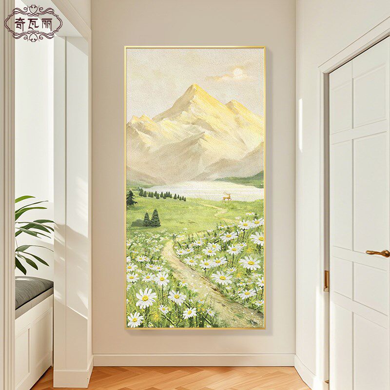 流水生财入户玄关装饰画山水风景客厅壁画走廊过道挂画纯手绘油画