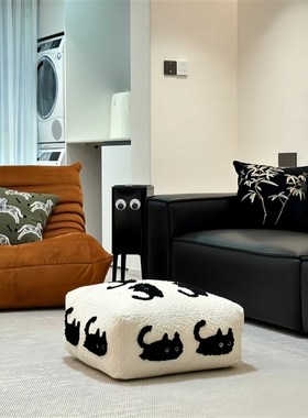 懒人沙发白色猫咪刺绣坐垫可拆洗坐墩休闲地板坐垫沙发脚踏