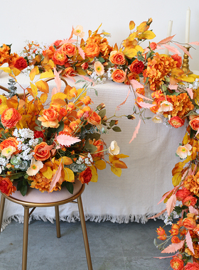 橙色系仿真花艺道具婚礼背景拍照花卉花藤活动迎宾区路引桌花摆件