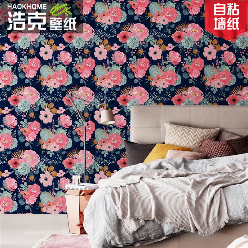加厚PVC防水墙纸自粘卧室温馨 田园水彩花卉玄关电视背景装饰壁纸