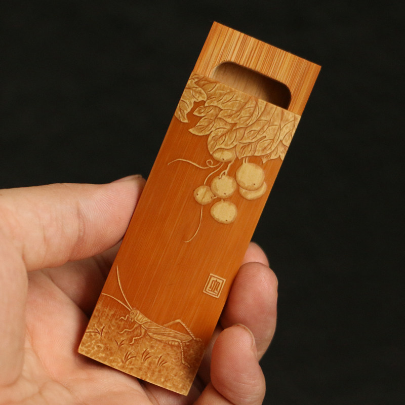 老玉竹纯手工精工制作非遗手工留青雕刻牙签盒推盖文玩竹雕把件竹