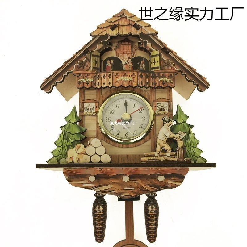 报时布谷鸟木质复古北欧挂钟咕咕挂饰时钟闹钟整点钟表客厅风格