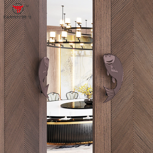 新中式玻璃门半圆拉手寓意鱼造型门把手会所木门对装古铜门把装饰