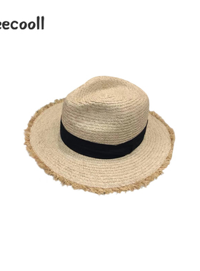 Eeeecooll夏季设计款拉菲草流苏巴拿马爵士帽