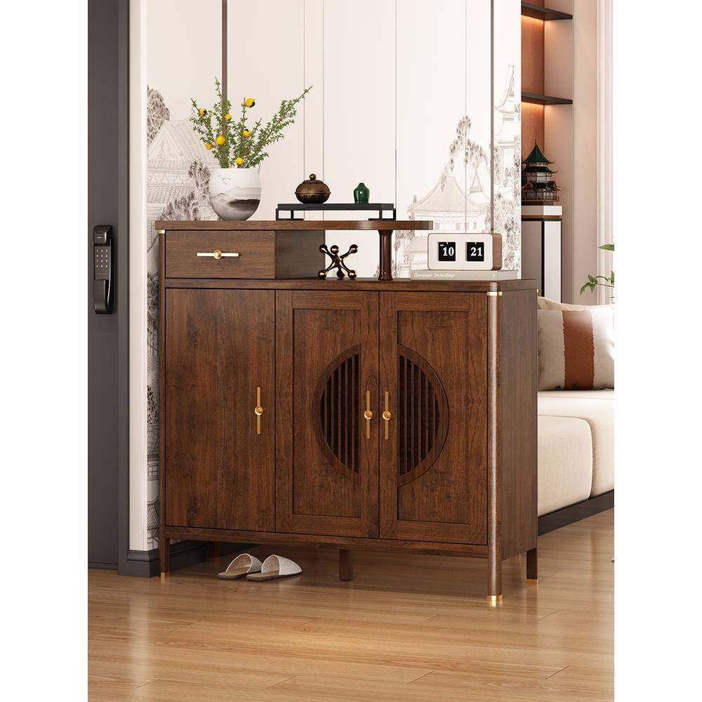 进门鞋柜家用门口客厅双面隔断柜新中式实木框玄关柜一体沙发边柜