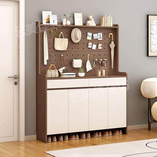 实木洞洞板鞋柜室外多层实木鞋架简易收纳一体鞋柜多功能玄关柜