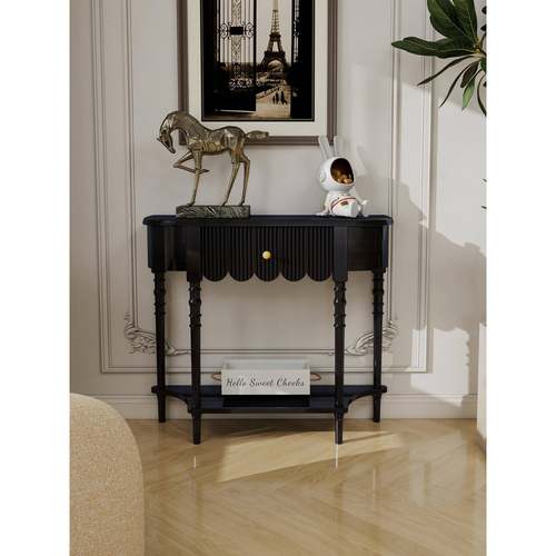 法式实木半圆玄关桌子靠墙黑色过道玄关柜置物架入户窄条桌玄关台