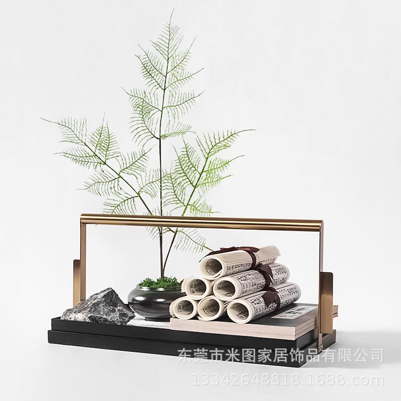 新中式创意书圈白沙石绿植摆件样板房书柜茶几电视柜酒店软装摆设