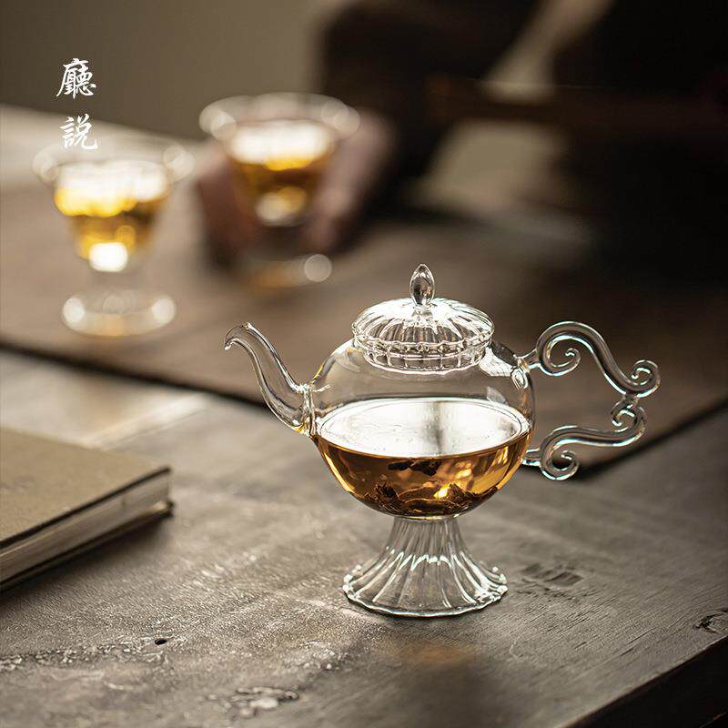 厅说高足青云壶玻璃茶壶透明耐热煮茶壶手工卷草纹雕花手柄泡茶壶
