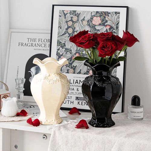 欧式创意陶瓷花瓶白色复古浮雕水养插花鲜花客厅餐桌玄关装饰摆件