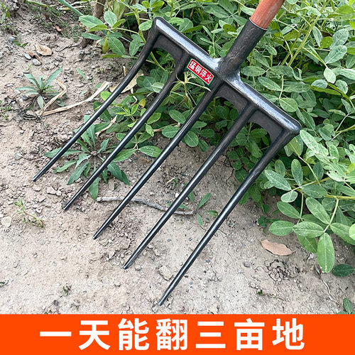 新型一体五齿钢叉农用翻土挖地工具锰钢淬火草叉子牛粪叉翻地松土