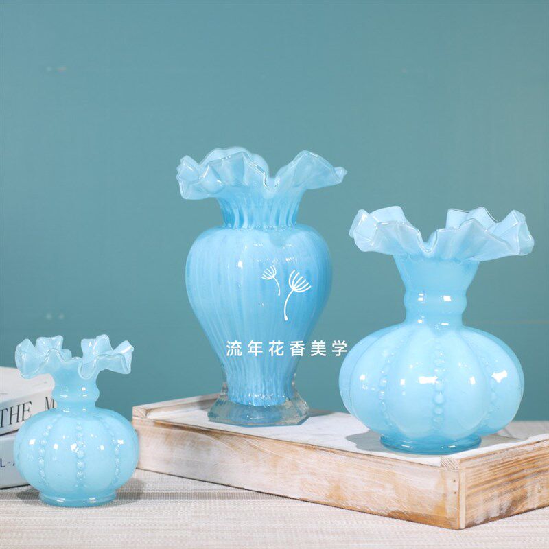 中古芬顿褶皱花边瓶口瓜形单耳纯蓝兰色纯手工琉璃花瓶水养插花器