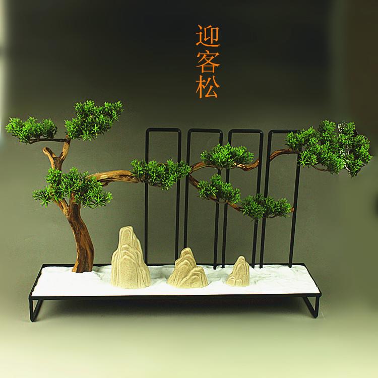 迎客松摆件 仿真风化枯木中式实木沙盘 禅意酒店客厅样板艺术根雕