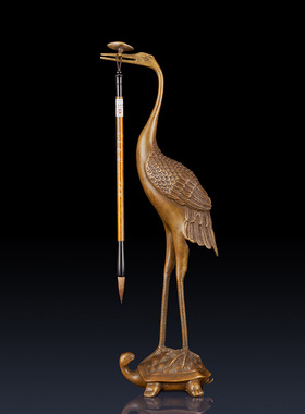 纯黄铜灵芝鹤工艺品摆件笔挂龟鹤摆件办公室家居龟鹤装饰品铜仙鹤