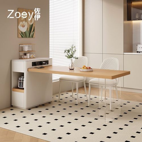 奶油风岛台餐桌一体小户型家用伸缩实木饭桌原木风高级悬浮中岛台