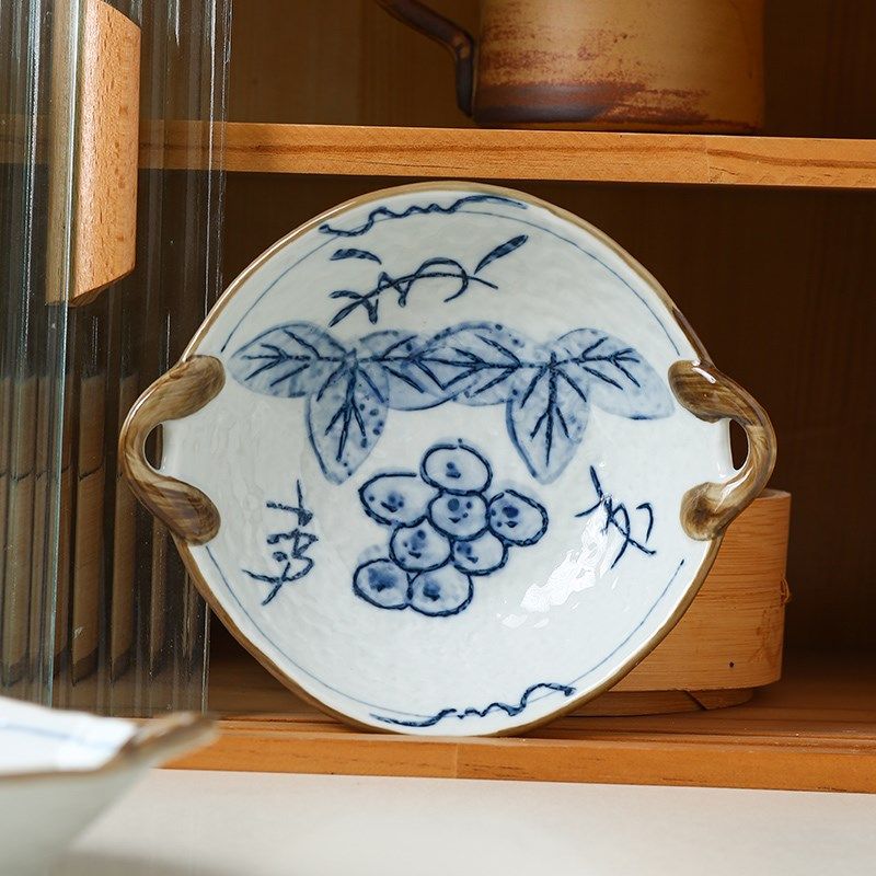 手绘釉下彩双耳盘冷菜碟子凉菜水果点心盘子餐厅商用潮州陶瓷餐具