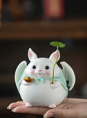 趣味陶瓷可爱蝙蝠摆件招财纳福家居客厅书房桌面工艺品装饰小摆设