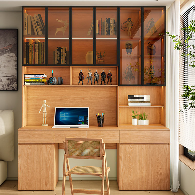 定制橡木全实木书桌玻璃书架一体带抽屉书柜儿童学习小户型书房桌,住宅家具,书桌,淘宝优惠券,粉丝福利购,淘宝优惠卷