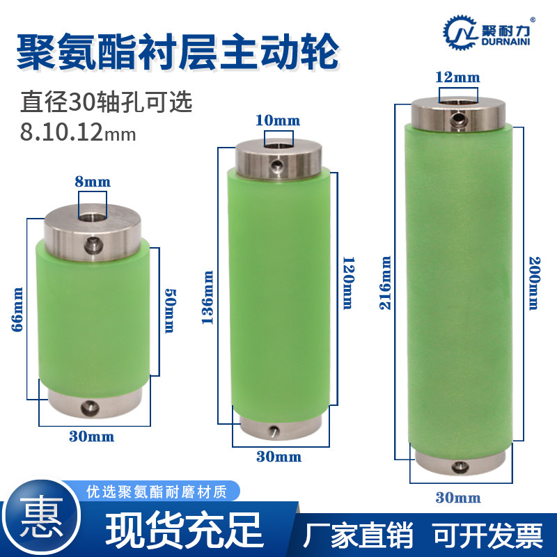 聚氨酯衬层滚轮流水线动力滚筒直径30止动螺丝型输送带主从包胶辊