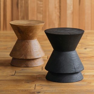 侘寂风圆形木墩边几沙发实木茶几碳化木凳子茶台原木民宿装饰摆件